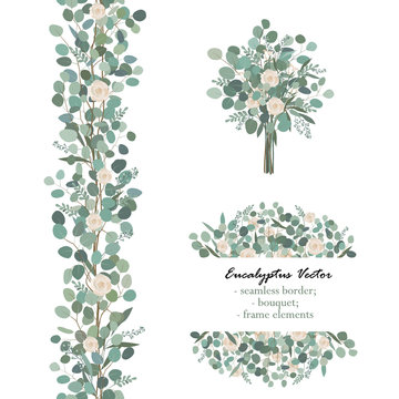 Design elements with white rose flowers and eucalyptus branches. Bouquet, seamless border, frame element. Greeting, wedding invite template