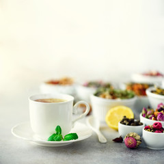 Tea concept with copy space. Different kinds of dry tea in white ceramic bowls and cup of aromatic tea on grey background.