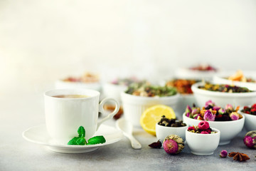 Tea concept with copy space. Different kinds of dry tea in white ceramic bowls and cup of aromatic tea on grey background.