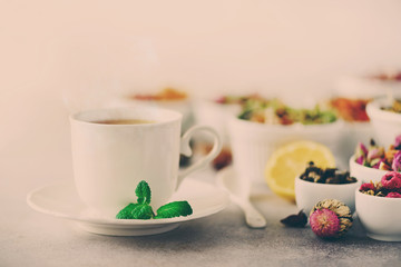 Tea concept with copy space. Different kinds of dry tea in white ceramic bowls and cup of aromatic tea on grey background.