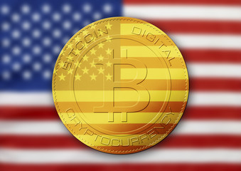 Bitcoin gold coin. Virtual cryptocurrency concept with USA flag.