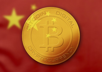 Bitcoin gold coin. Virtual cryptocurrency concept with China flag.