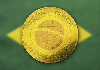 Bitcoin gold coin. Virtual cryptocurrency concept with Brazil flag.