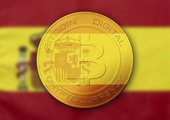 Bitcoin gold coin. Virtual cryptocurrency concept with Spain flag.
