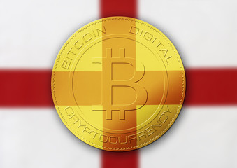 Bitcoin gold coin. Virtual cryptocurrency concept with England flag.