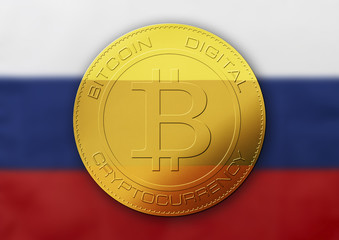 Bitcoin gold coin. Virtual cryptocurrency concept with Russia flag.