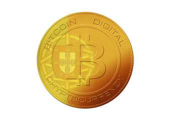 Bitcoin gold coin. Virtual cryptocurrency concept with Portugal flag on white background.