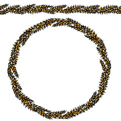 Ripe Wheat Spikelets Endless Brush. Round Wreath of Malt with Space for Text. Farm Harvest Template. Realistic Hand Drawn Illustration. Savoyar Doodle Style.