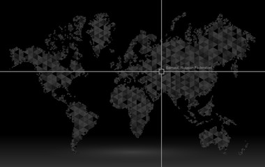 World map of planet earth, pointer of coordinate detection. Geolocation finding calculation. Geographic location indicator in the world. Vector