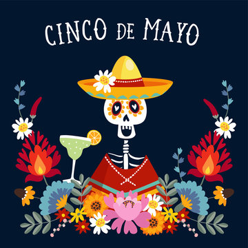 Cinco de Mayo greeting card, invitation with Mexican skeleton with sombrero hat drinking margarita cocktail, chili peppers and decorative folklore flowers. Ornamental floral frame pattern, flat design