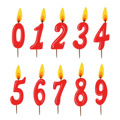 Set of red birthday candles. Numbers. Vector illustration.