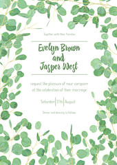 Wedding eucalyptus vertical vector design banner frame. Rustic greenery invitation card. Green tones. Watercolor style collection. All elements are isolated and editable