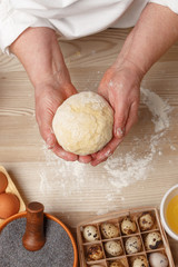 Hands working with dough preparation recipe bread, pizza or pie