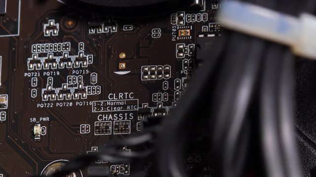 Motherboard inside a computer case - closeup