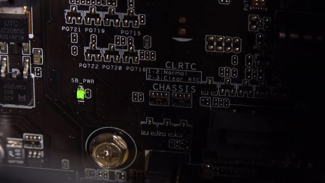 Motherboard inside a computer case - closeup
