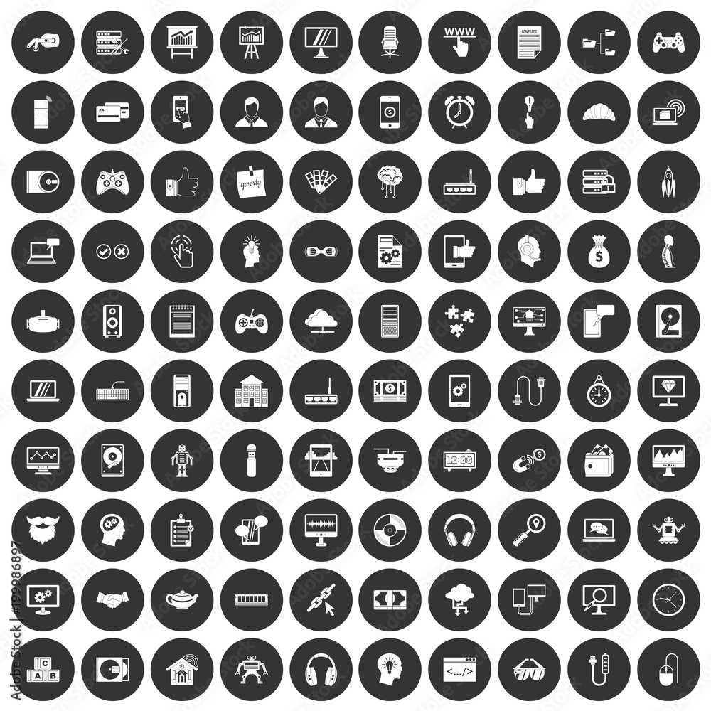 Poster 100 programmer icons set black circle