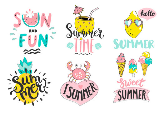 Set of cute summer hand drawn labels, logos, tags and elements for holiday, travel, beach vacation with positive quotes. Perfect for web,card,poster,cover,tag,invitation,sticker. Vector illustration.