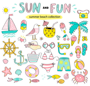 Summer set of sun and fun hand drawn elements such as boat,sun,drinks,fish,crab,palm for holiday,travel,beach vacation. Perfect for web,card,poster,cover,tag,invitation,sticker.Vector illustration.
