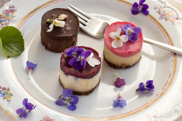 Raw vegan desserts with fresh violet flowers