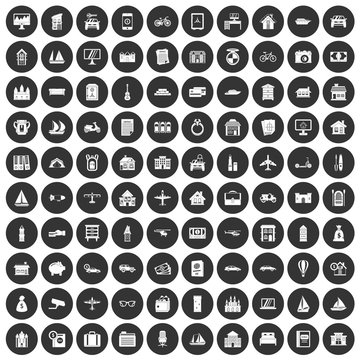 100 property icons set black circle