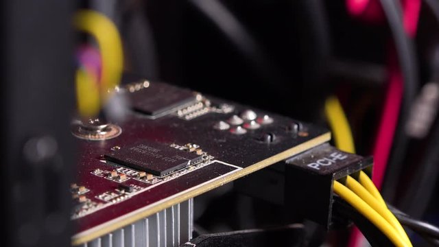 Closeup on a video card inside a computer case