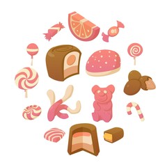 Sweets and candies icons set, cartoon style