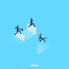 a man in a business suit jumping over a curb falls into an abyss, an isometric image