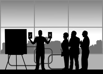 Business presentation at work in the office between business people, one in the series of similar images silhouette