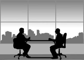 Job interview between the unemployed and businessman in the office, one in the series of similar images silhouette