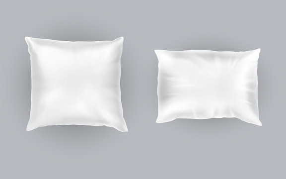 Vector realistic set of two white pillows, square and rectangular, soft and clean, top view isolated on gray background. Object for sweet dreams in bedroom, mockup with blank cushions for your design