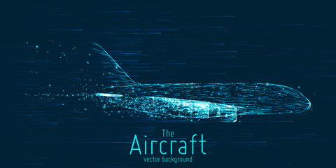 Vector airliner constructed with glowing lines. Thin line wireframe concept. Aircraft flying in sky with motion trails. Travel, tourism, transport concept. Airplane abstract illustration.