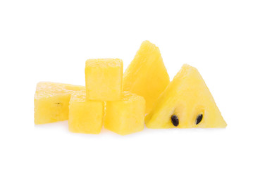 sliced yellow watermelon with cube isolated on white background
