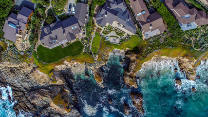 Houses on the Pacific Ocean. Aerial View Overhead.