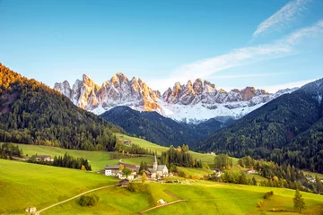 Foto auf Acrylglas Dolomiten Magical spring landscape with a church in the valley of Santa Magdalena, Italy, Europe, Dolomites