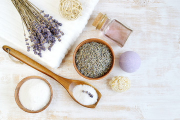 Obraz na płótnie Canvas Natural Ingredients for Homemade Body Foot Face Lavender Salt Scrub Oil Beauty Concept