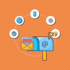 and email marketing related icons over orange background, colorful design. vector illustration
