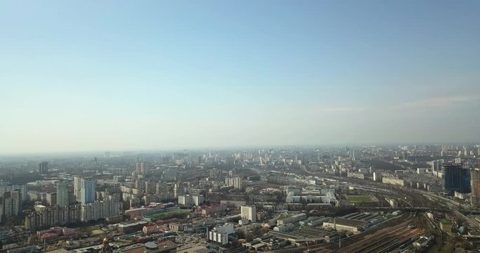 Panorama view of the city of Kiev from a bird's eye view. Flight over the city.