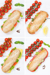 Baguette Vollkorn Brötchen Collage Schinken Salami Käse Fisch Hochformat von oben auf Holzbrett