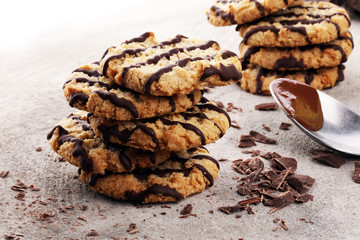 Chocolate cookies on stone table. Chocolate chip cookies shot.
