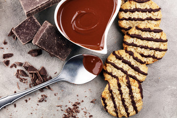 Chocolate cookies on stone table. Chocolate chip cookies shot.
