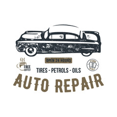 Fototapeta premium Vintage hand drawn auto repair t shirt design. Classic car poster with typography. Auto industry tee. Retro style poster with grunge background. Old car logo, emblem template. Stock vector patch