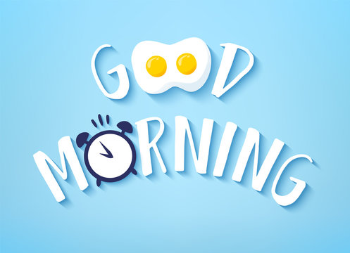 Vector banner for Breakfast with text Good Morning, fried egg and alarm clock on blue background. Cute illustration.