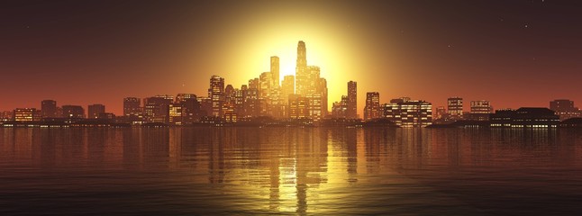 panorama of a night city at sunset over the water
 - obrazy, fototapety, plakaty