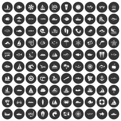 100 sea icons set black circle
