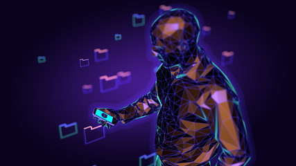 Naklejka premium Concept of businessman on blurred background chatting with chatbot application. 3d illustration