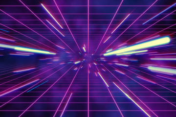 Abstract retro of warp or hyperspace motion in blue purple star trail 3d illustration
