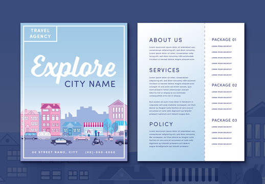 Travel Agency Flyer Layout with City Street Illustration