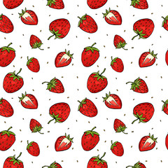 Seamless pattern with different strawberries. Colorful vector illustration in sketch style.
