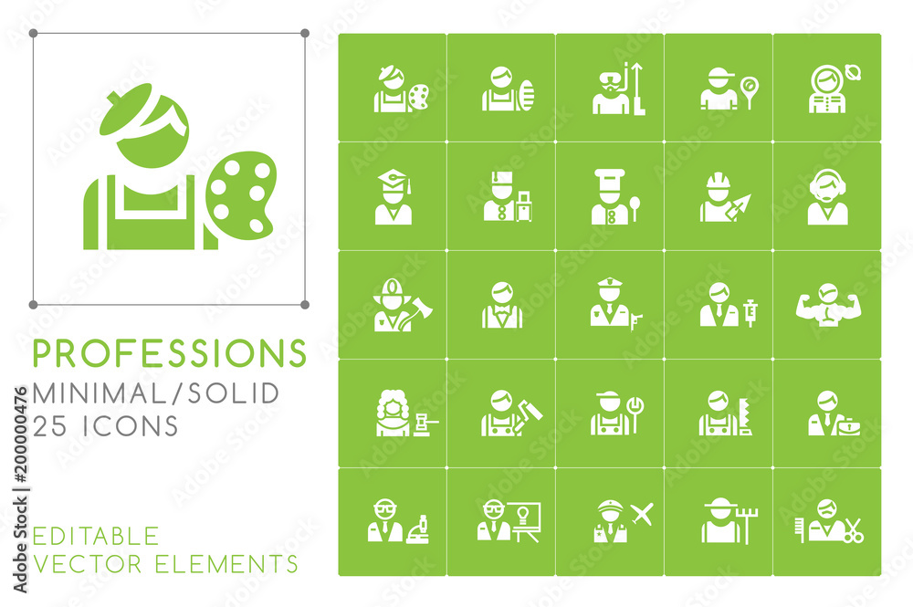 Poster set of 25 universal professions icons on color background . isolated elements