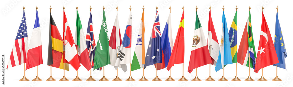 Poster g20 meeting concept, row from flags of all members g20. 3d rendering